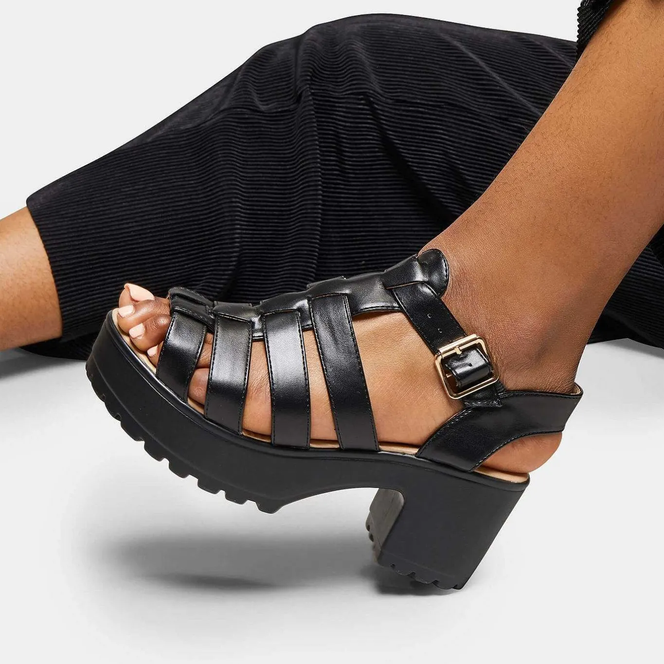 KOI footwear Black Chunky Platform Cleated Strappy Sandals<Women'S Platform Sandals