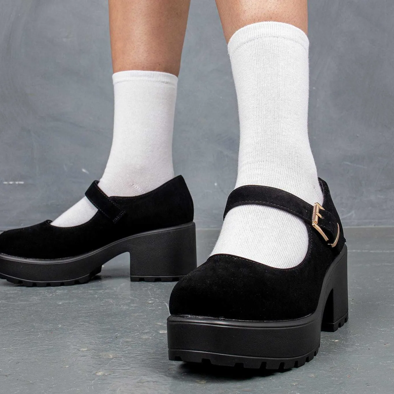 KOI footwear Black Chunky Platform Mary Jane Shoes<Women'S Suede Mary Janes